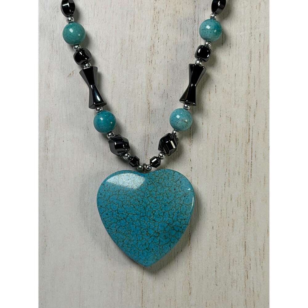 Vintage Faux Turquoise Heart Pendant Hematite Beads Statement Jewelry Necklace